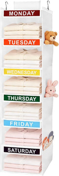 Weekly Clothes Organizer for Kids, 6-Shelf Kid Hanging Closet Organizer w/ 6 Side Pockets, Labeled Weekly Outfit Organizer for Kids, Days of The Week Clothes Organizer Monday Through Friday White