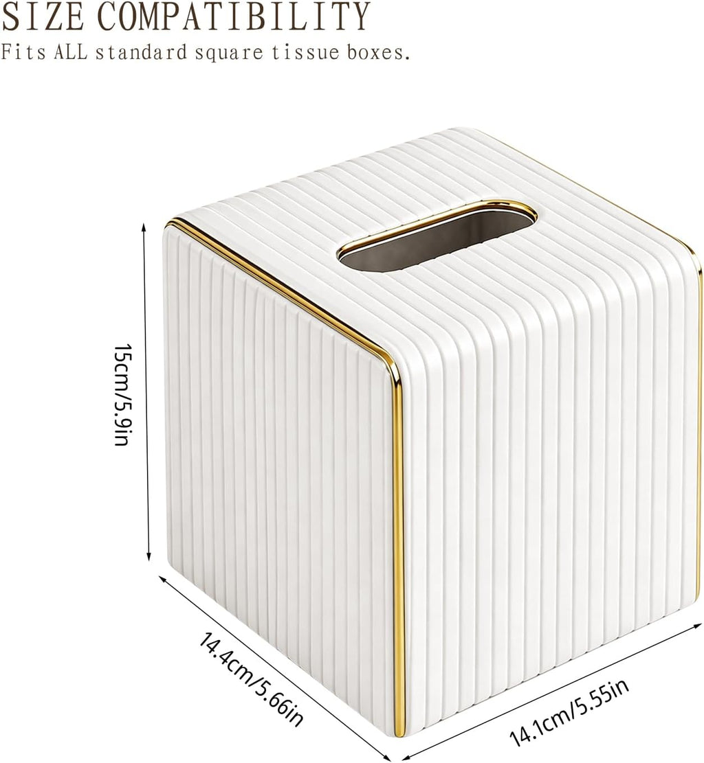 White Tissue Box Cover Square,Cube Tissues Holder with Gold Edging
