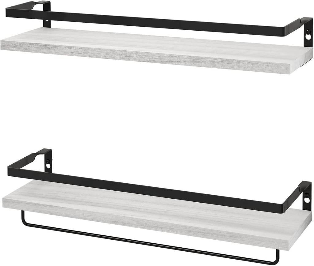 Floating Shelves for Wall, Bathroom Shelves with Towel Bar, Wall Mounted Storage Shelves for Kitchen, Bathroom, Set of 2 White