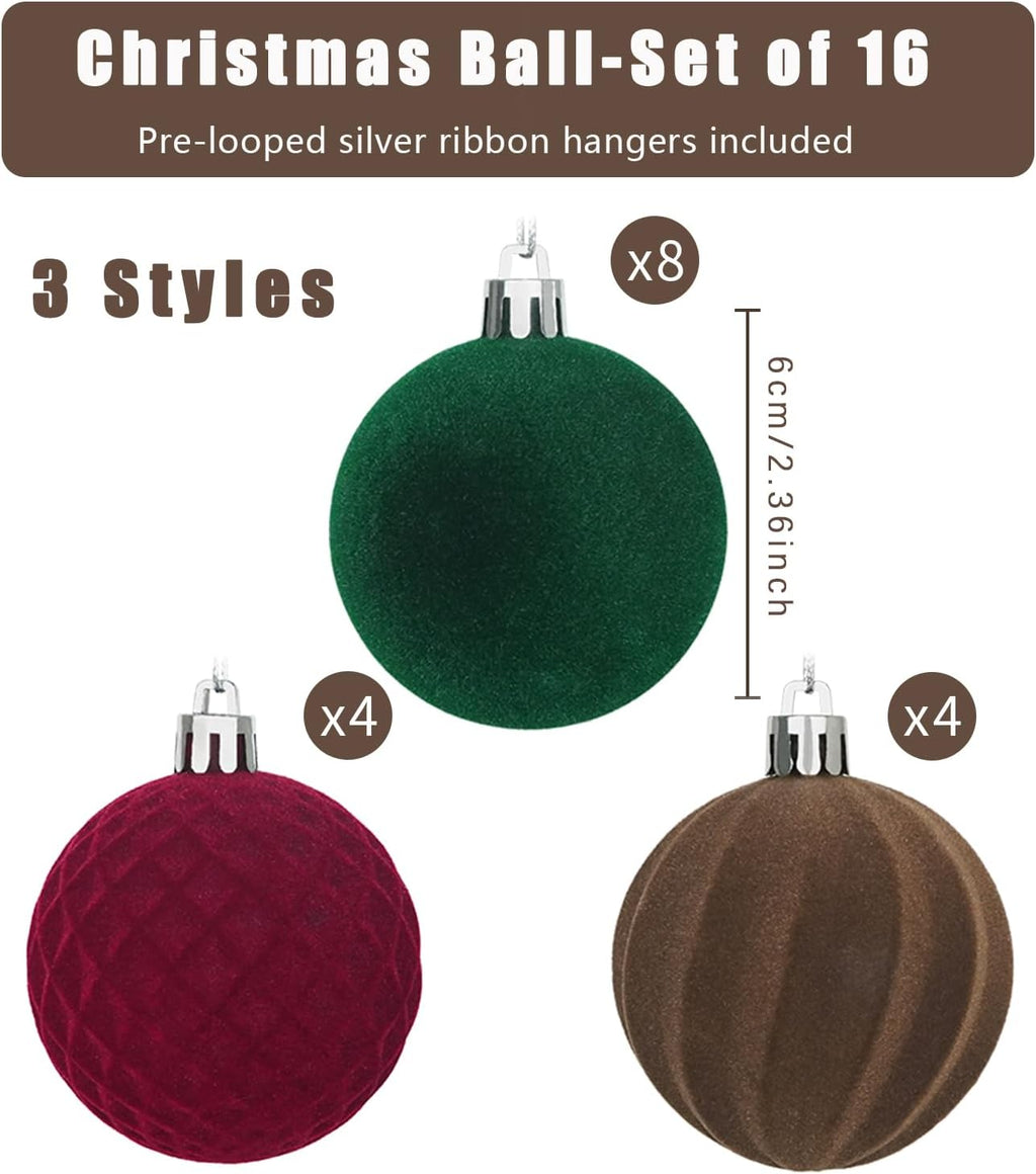 Artmag 16 Pcs Velvet Christmas Balls Hanging Ornaments Set, Shatterproof Plastic Flocked Christmas Tree Balls Xmas Decorations Festival Holiday Party Decor (Red,Green,Brown,2.36 Inch)