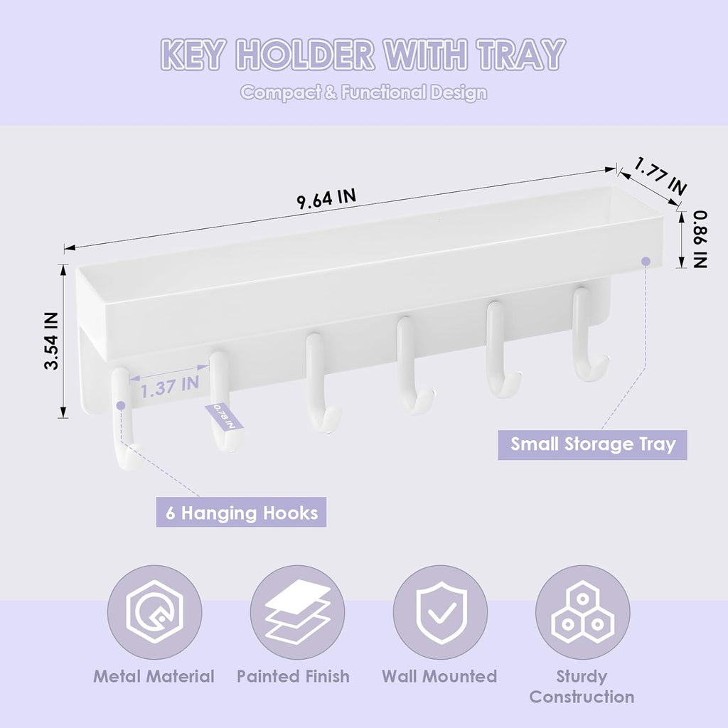 VIS'V Key Holder Wall Mount, Adhesive Key Rack with Tray, 6 Hooks, White