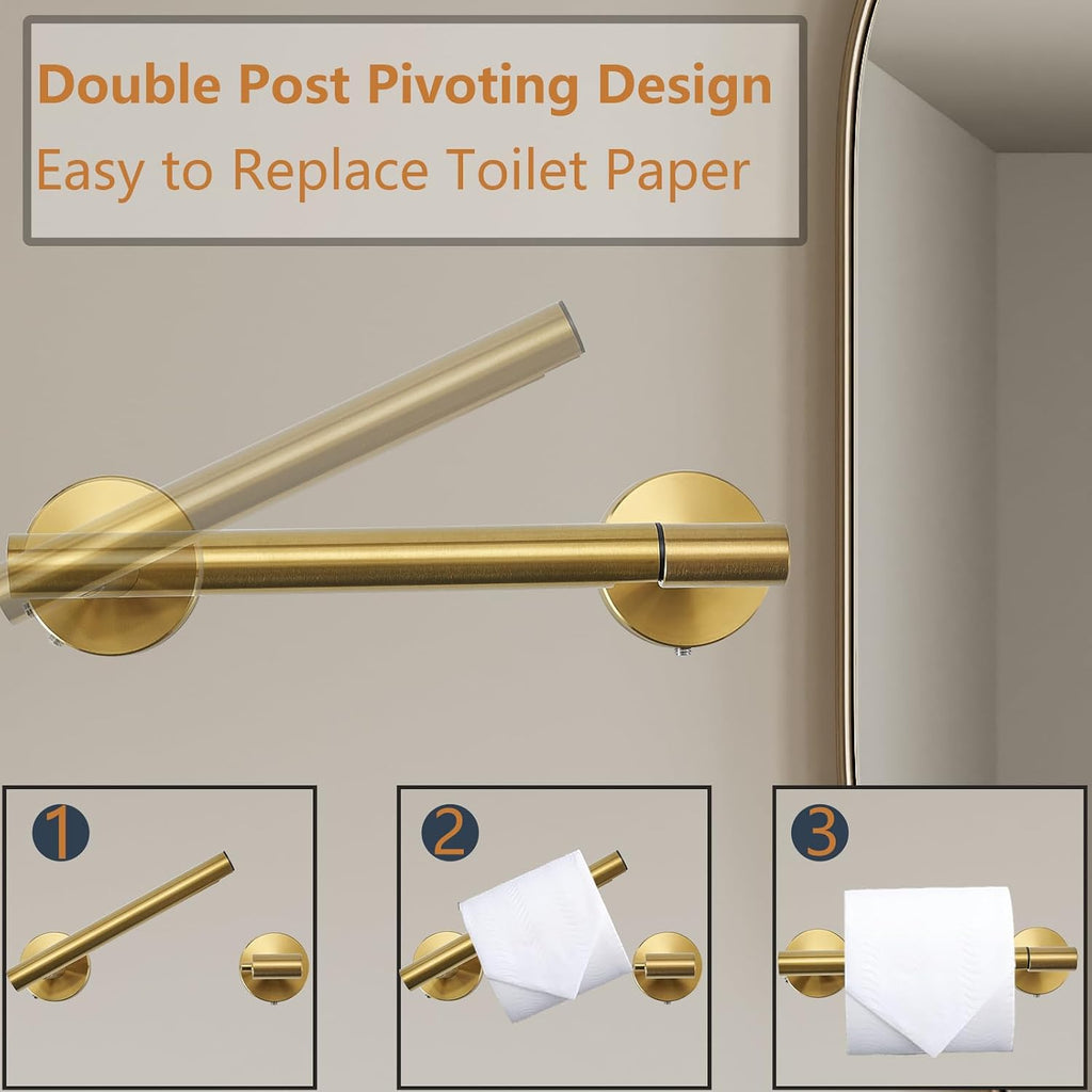 Toilet Paper Holder, Double Post Pivoting Design, Stainless Steel Rustproof Bathroom Tissue Holder, Wall Mount Fits Mega Rolls, for Home, RV, Commercial Bathroom Brushed Gold