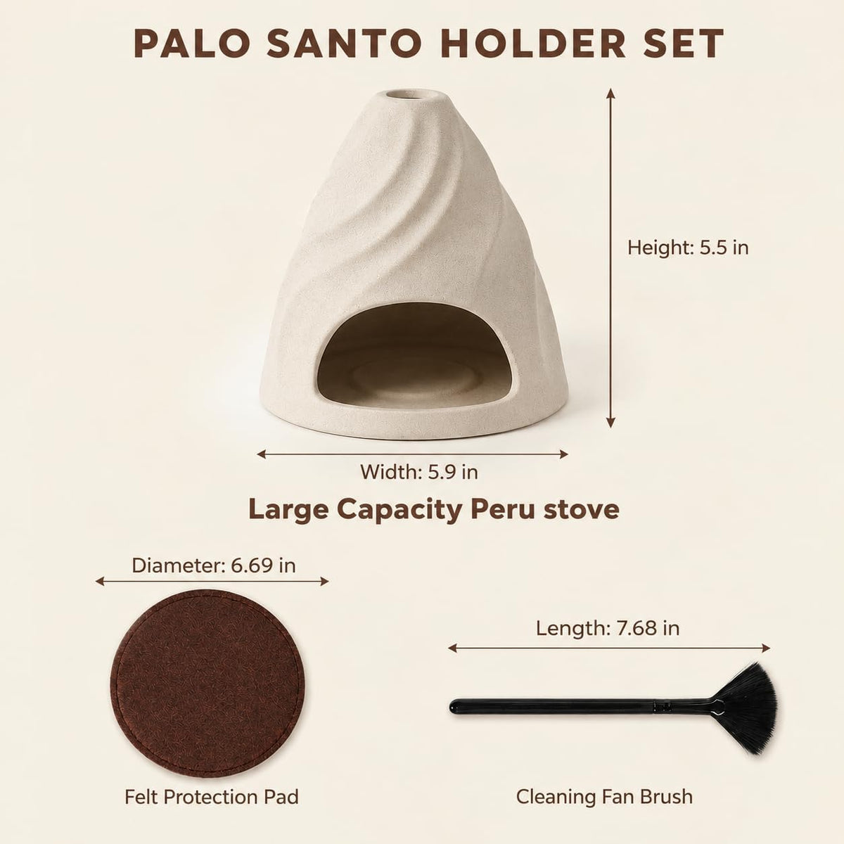 Palo Santo Holder, Ceramic Dune-Inspired Tactile Burner with Felt Pad and Fan Brush, Multi-Use Incense Holder for Palo Santo Sticks and Smudge Sage, Meditation and Home Decor -Cream