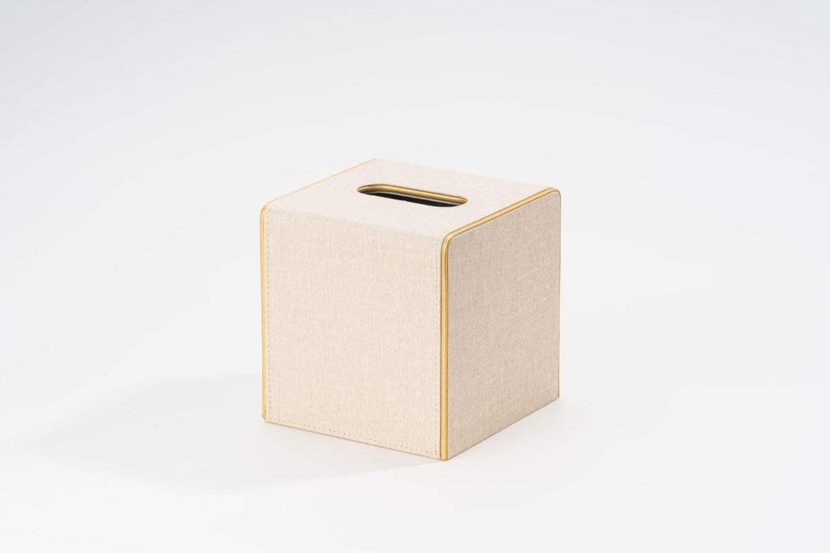 Ukwell Square Tissue Box Cover Linen-Textured Faux Leather Tissue Holder with Gold Trim Neutral Modern Home Decor Piece for Home & Office