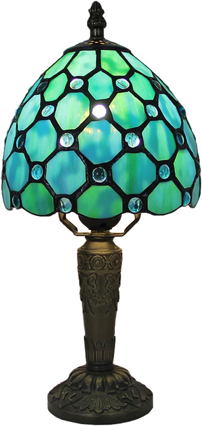 Tiffany Style Small Table Lamp,Green Beads Stained Glass 3 Color Temperature Antique Table Lamps,Bedside Nightstand Lamp for Bedroom,Living Room,Home Office+LED Bulb,6X6X12.5Inch