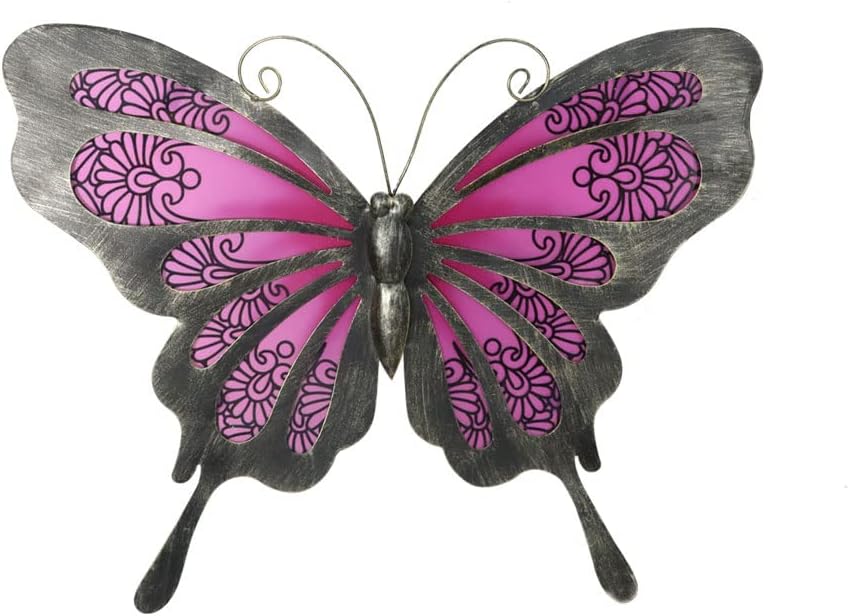LIFFY Metal Butterfly Wall Decor, 12" Glass Butterfly Wall Art for Outdoor, Hanging Garden Decorations for Yard Fence Patio