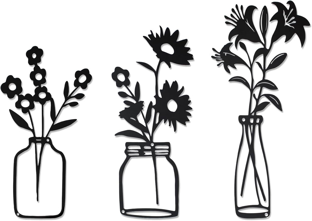 QZGXDECO Black Metal Flower Wall Decor,Metal Vase Wall Art,Minimalist Floral Wall Sculptures,Hanging Decor for Kitchen Dining Room Living Room Bathroom Bedroom(11.5'' X 3PCS)