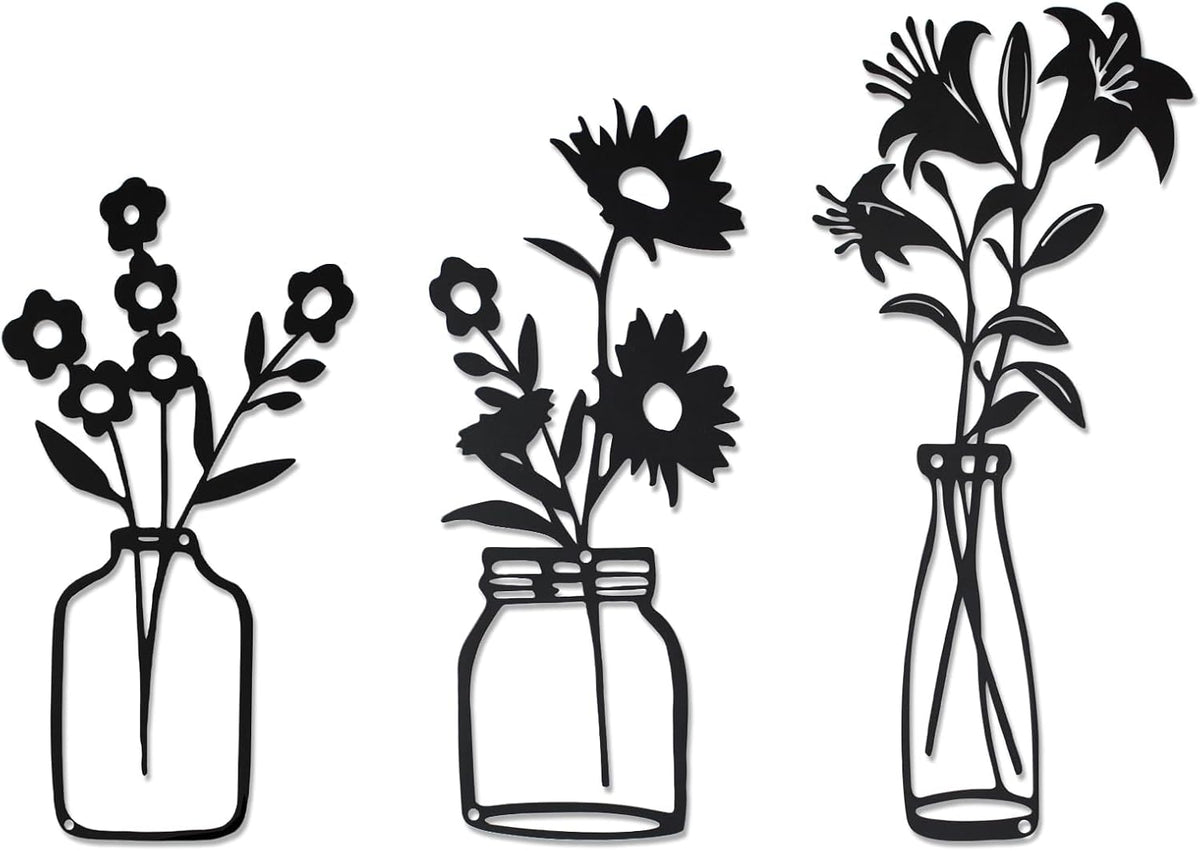 QZGXDECO Black Metal Flower Wall Decor,Metal Vase Wall Art,Minimalist Floral Wall Sculptures,Hanging Decor for Kitchen Dining Room Living Room Bathroom Bedroom(11.5'' X 3PCS)