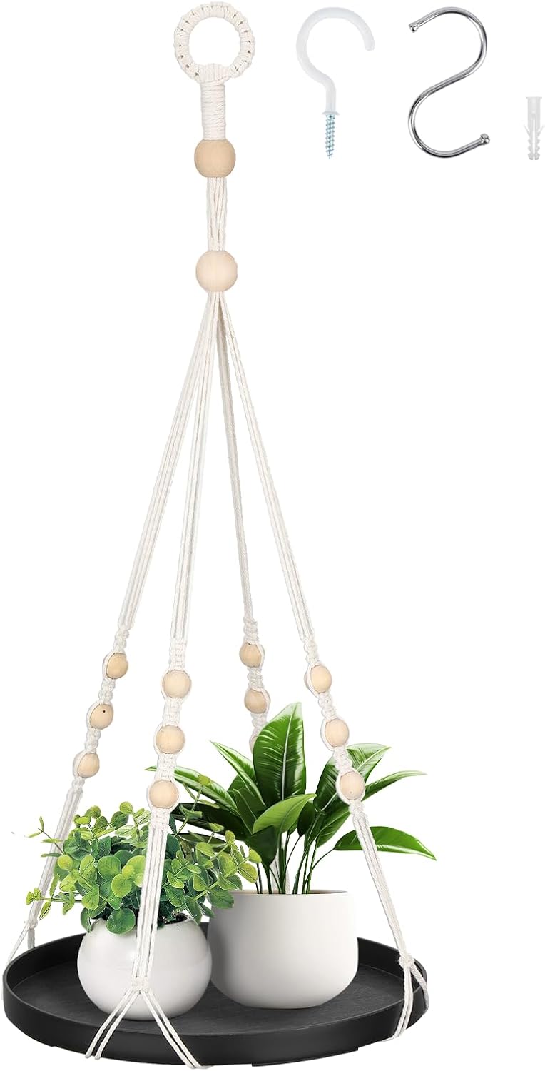 GREANER Macrame Plant Shelf Hangers, 1 Pack Large Hanging Baskets with Handmade Cord, Hanging Plant Holders for Home Garden Balcony Decor(Black)