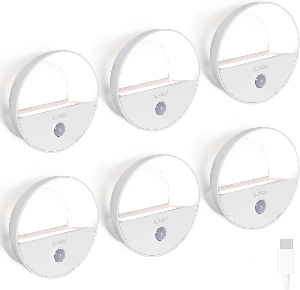 AURAXY Rechargeable Motion Sensor Night Light, Battery Night Lights LED Cool White Magnetic Stick-on Motion Sensored Hallway Light, with Dusk to Dawn Sensor for Stair, Wall, Bedroom, Bathroom(6 Pack)
