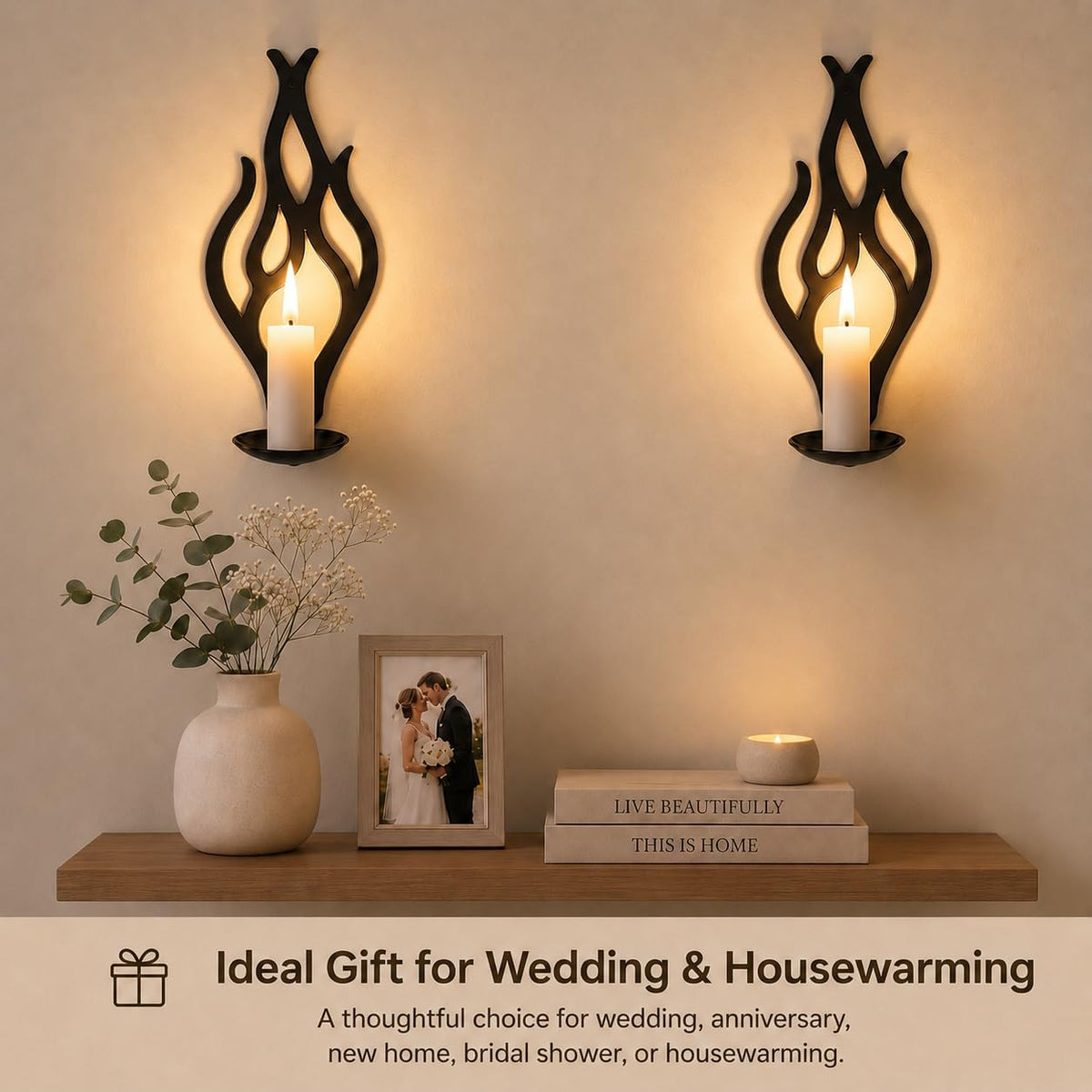 Wall Candle Sconces Set of 2, Modern Minimalist Metal Candle Holders for Pillar, Tealight, and LED Candles, Flame-Shaped Decorative Wall Decor for Living Room Dining Room (Black)