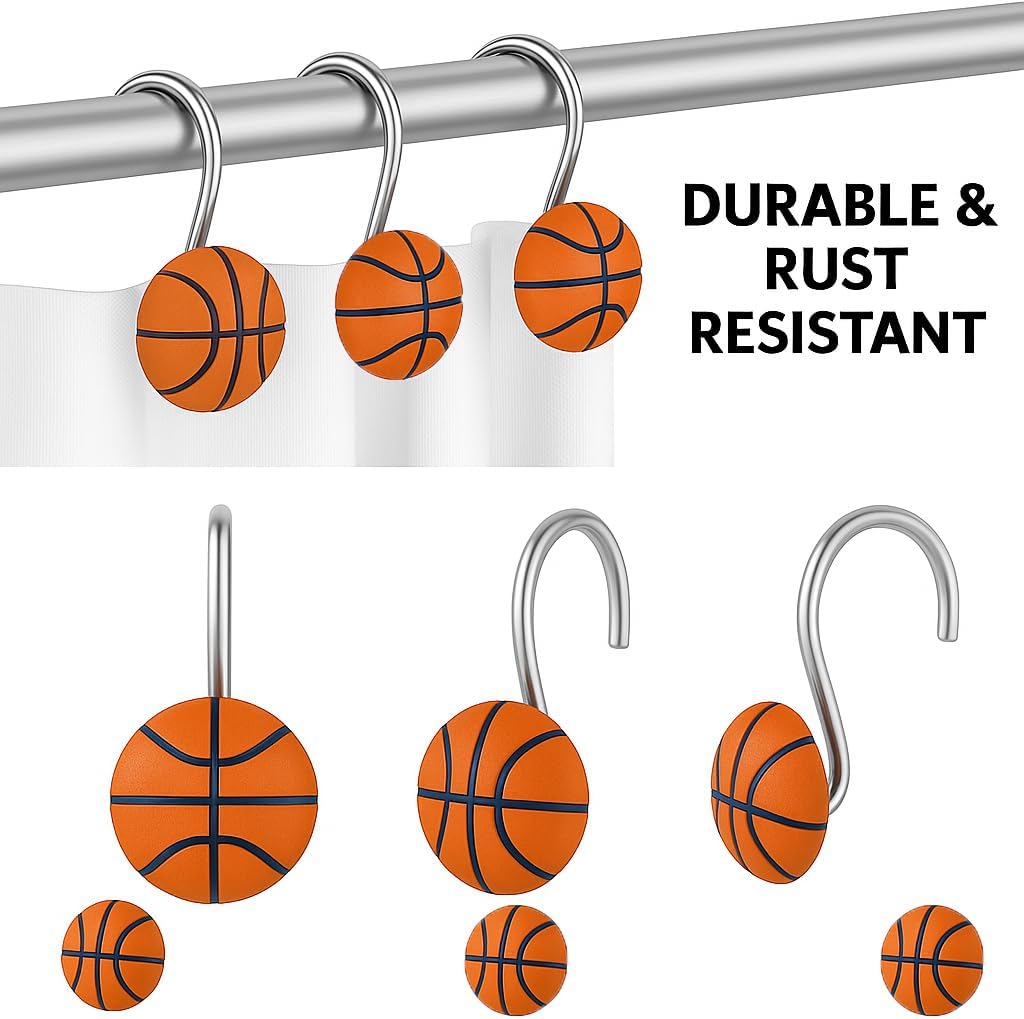 Basketball Shower Hooks 12 Pack, Court Style Bathroom Decor - Durable Stainless Steel Hooks, Gift for Sports Fans