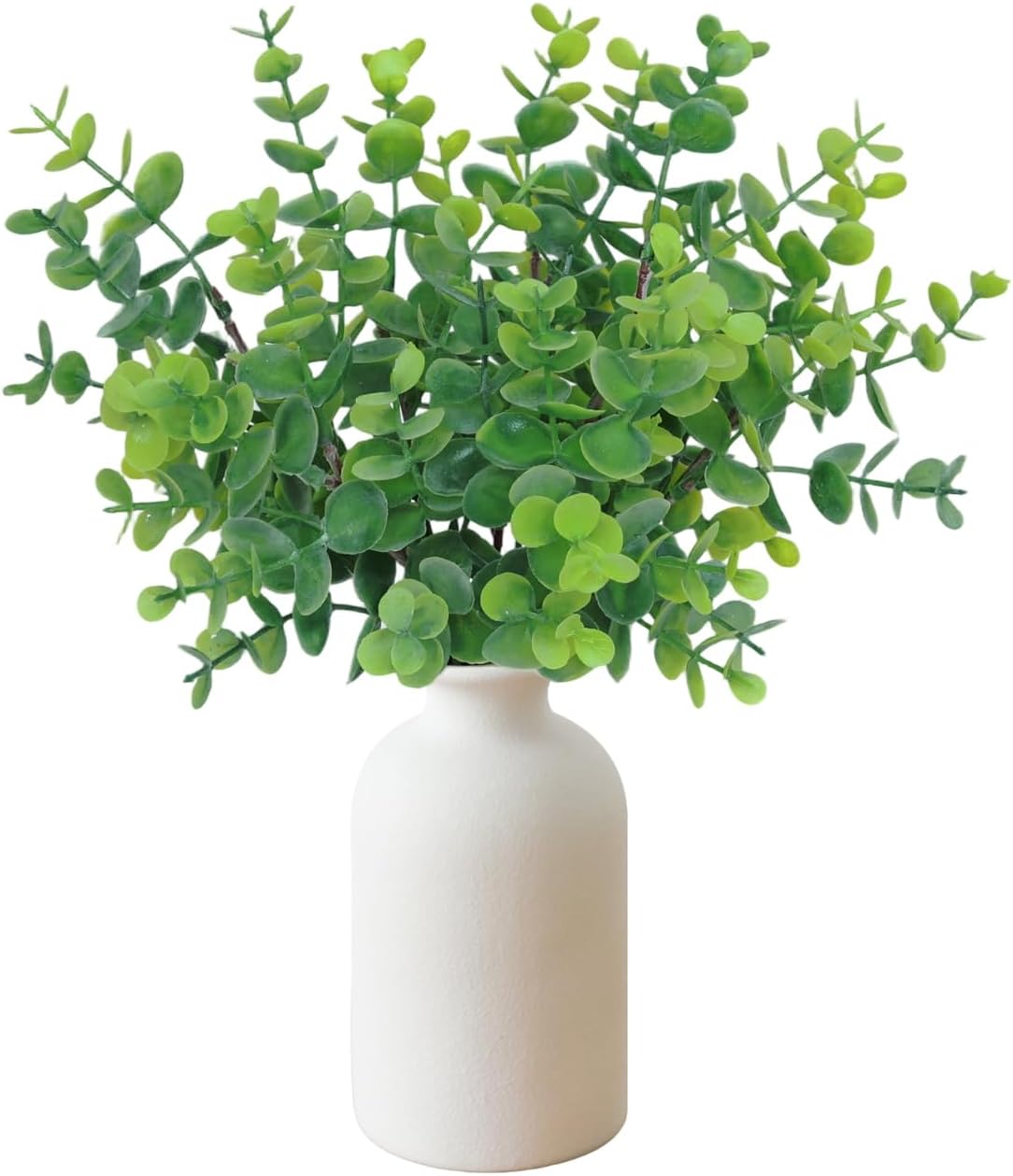 7Pcs 12" Artificial Sage Eucalyptus in Frosted Ceramic Vase for Desk Decor