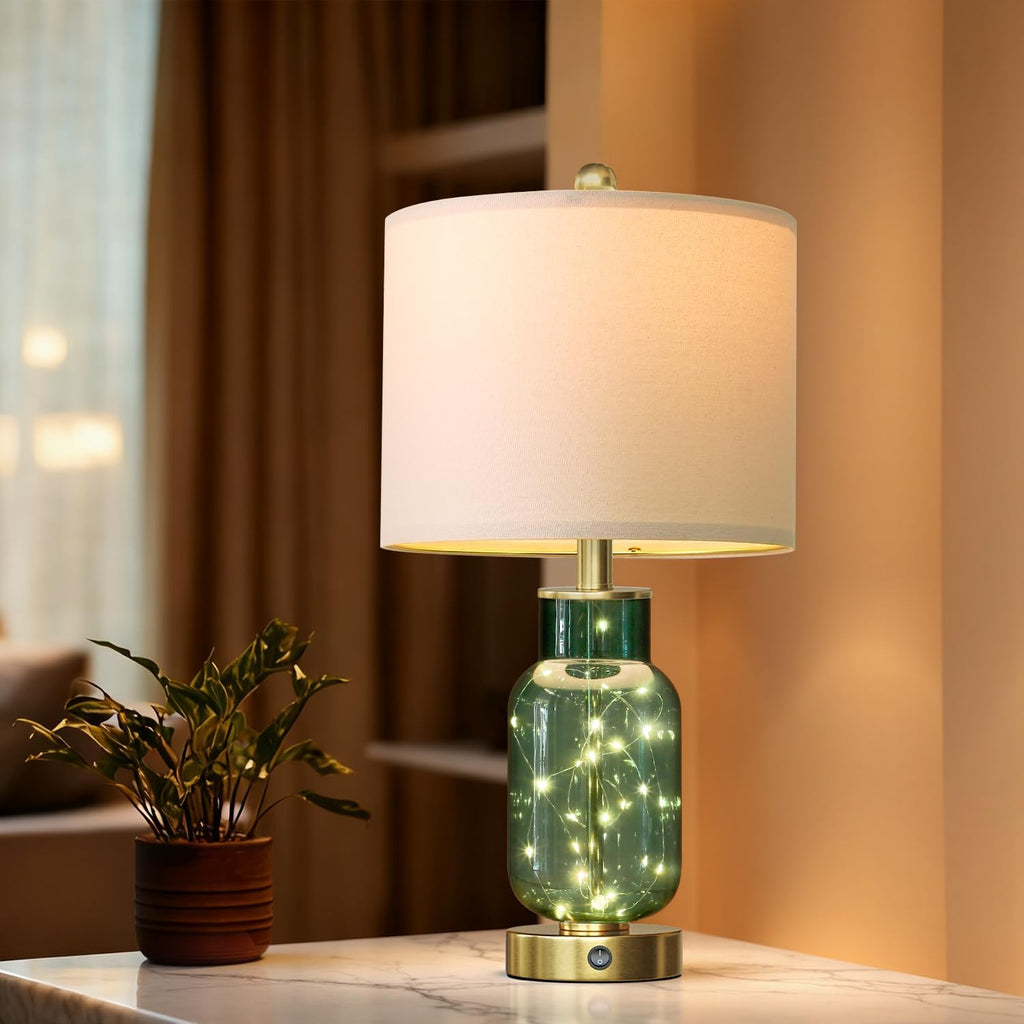 Oneach 22" Glass Table Lamps Set of 2 with Night Light for Bedroom, Green