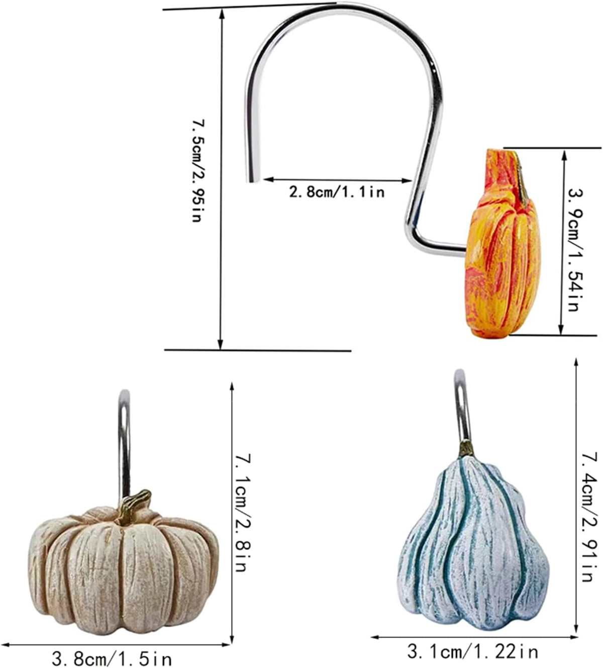12PCS Fall Pumpkin Shower Curtain Hooks, Autumn Harvest Thanksgiving Decorative Shower Curtain Hooks, Metal Rustproof Shower Curtain Rings for Bathroom Décor