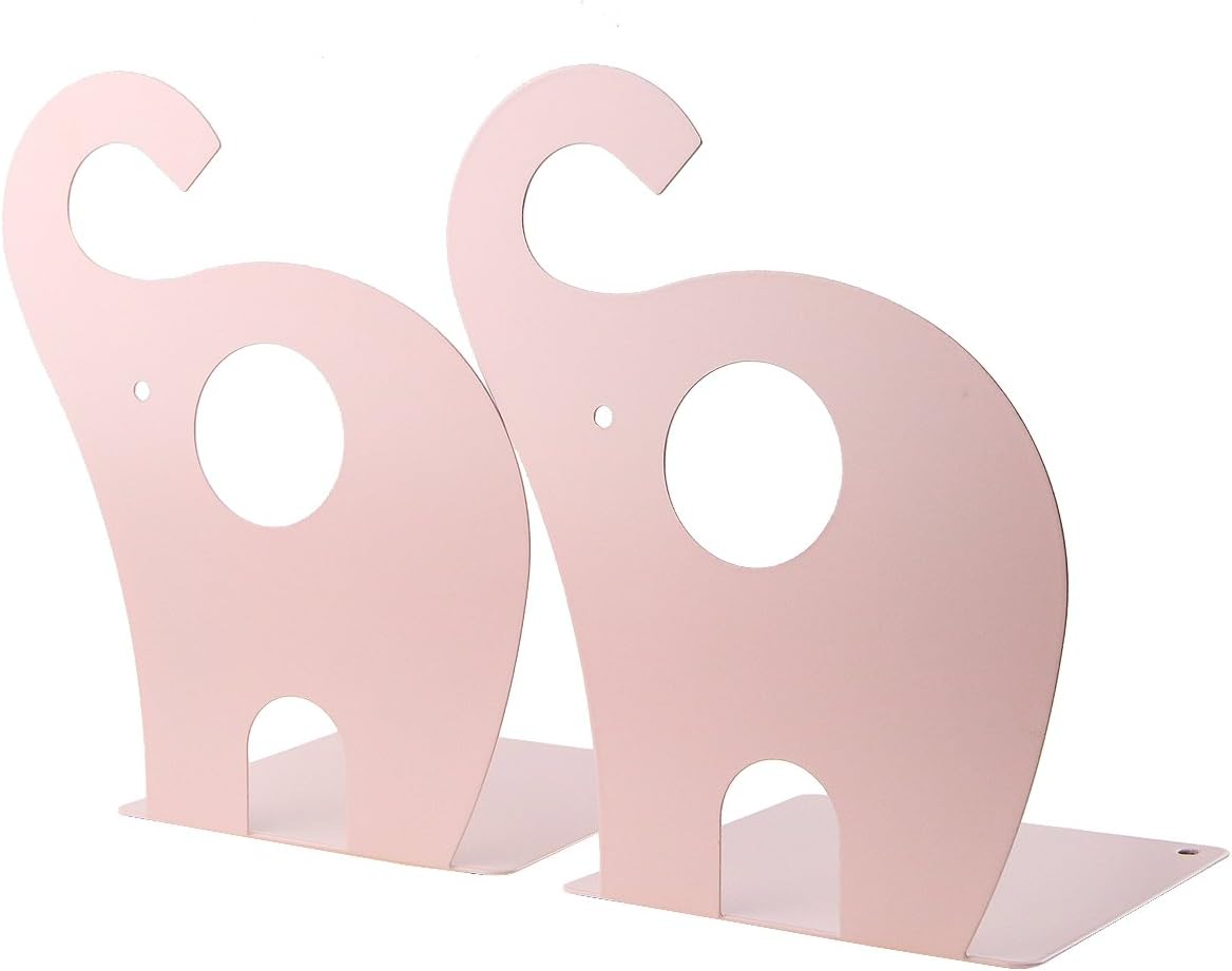 Cartoon Elephant Pattern Book Organizer Cute Metal Bookends for Kids School Library Desk Study Home Office Decoration Gift (Pink)