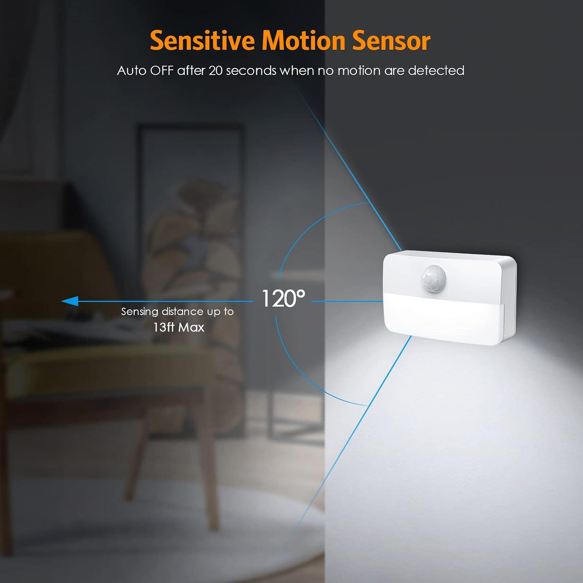【2 PACK】 Motion Sensor Night Light, Stick-On Motion Sensor Lights Indoor, Battery Powered Under Cabinet Kitchen Lights with Adhesive Pads, Auto/On/Off for Cupboard Wardrobe Stair Kitchen
