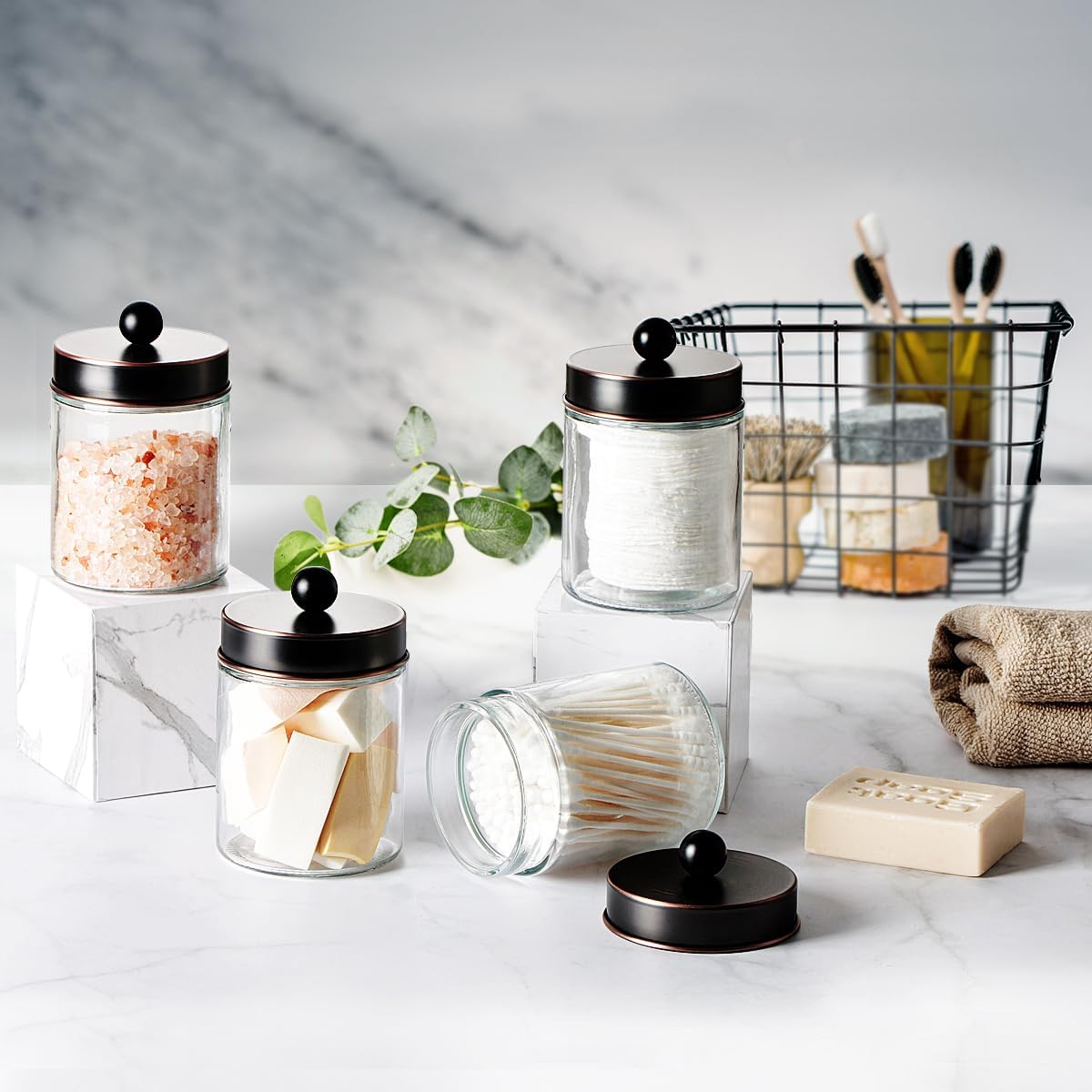 Amolliar Apothecary Jar Bathroom Storage Qtip Holder Glass, ORB 2Pack