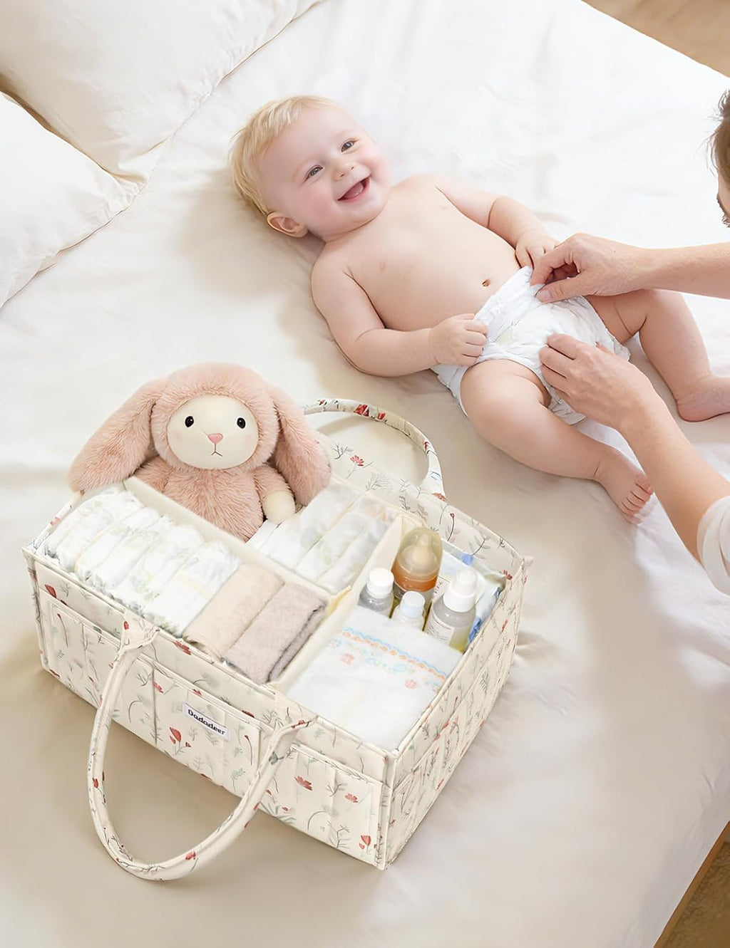 Quilted Floral Diaper Caddy Organizer, Nursery Storage Basket with Dividers