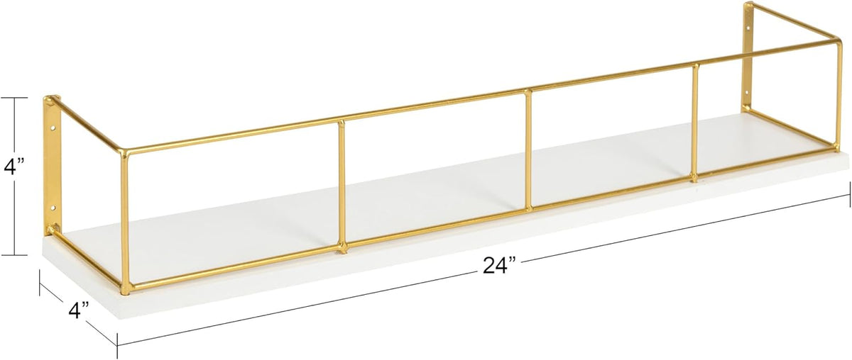 Kate and Laurel Benbrook 24 inch 2-Pack Wood and Metal Floating Wall Shelves, White and Gold