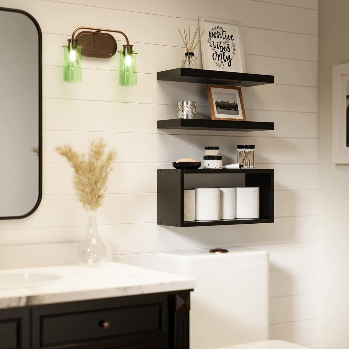 RICHER HOUSE 3-Set Black Floating Wall Shelves, Bathroom Shelf Over Toilet