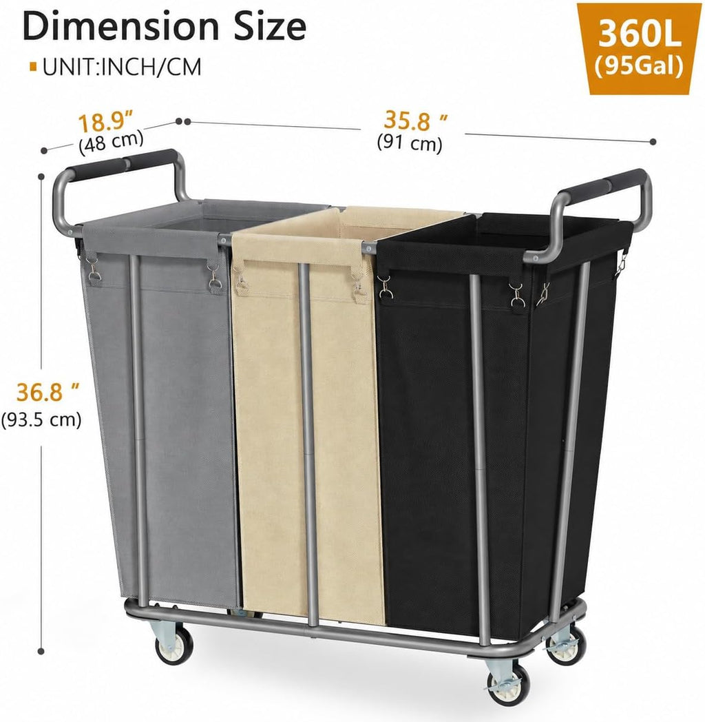 Gewudraw 3 Section Rolling Laundry Sorter Cart with Wheels, 360L