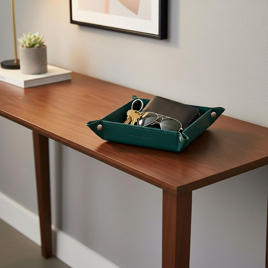 UnionBasic Valet Tray, Jewelry Tray for Rings Watches Earrings, Entryway Catchall Caddy for Coins Keys Change, Nightstand Organizer Bedside Valet Holder, Trays for Electronic Gadgets, Vintage Green