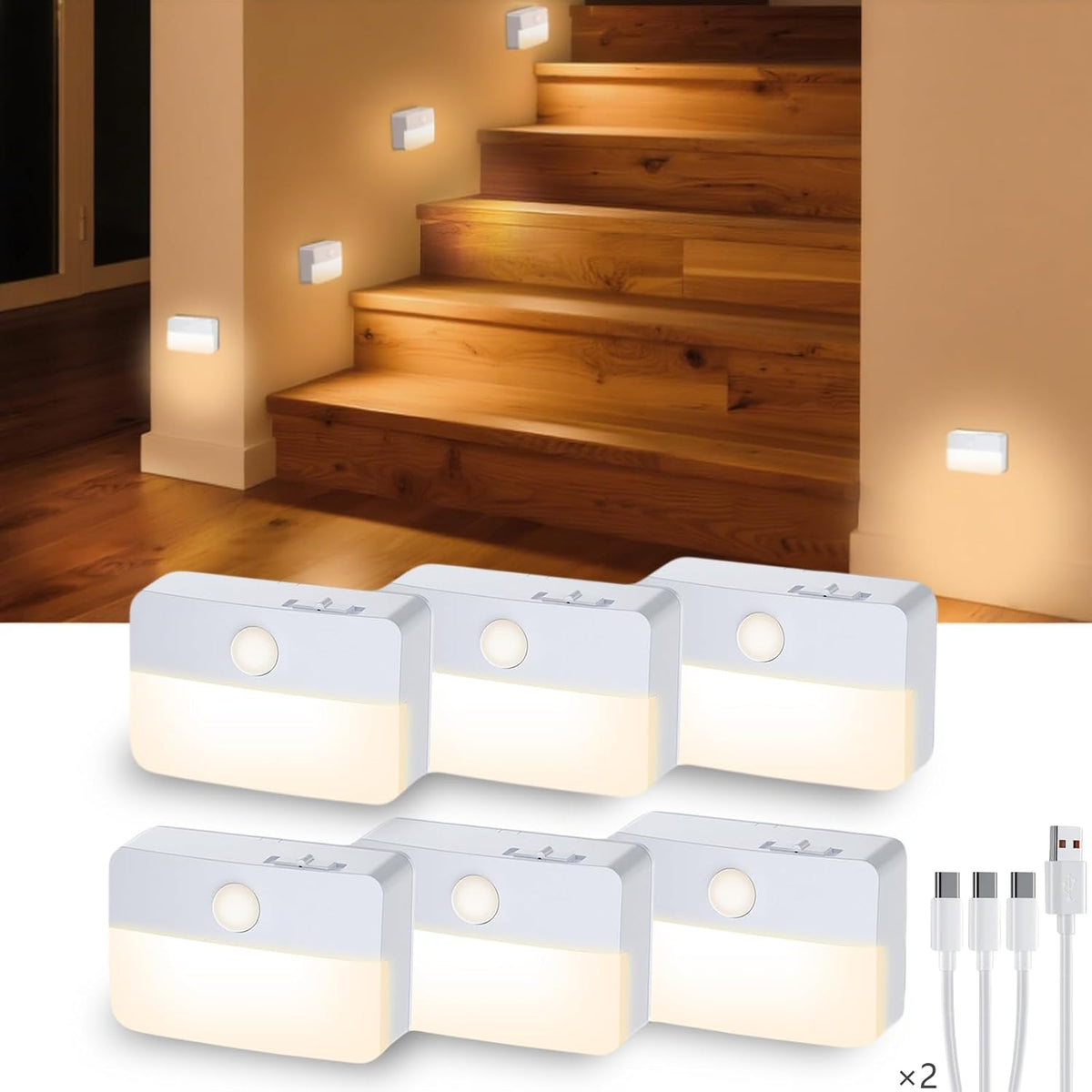 Motion Sensor Night Lights, 6 Pack White Rechargeable LED Stair Lights