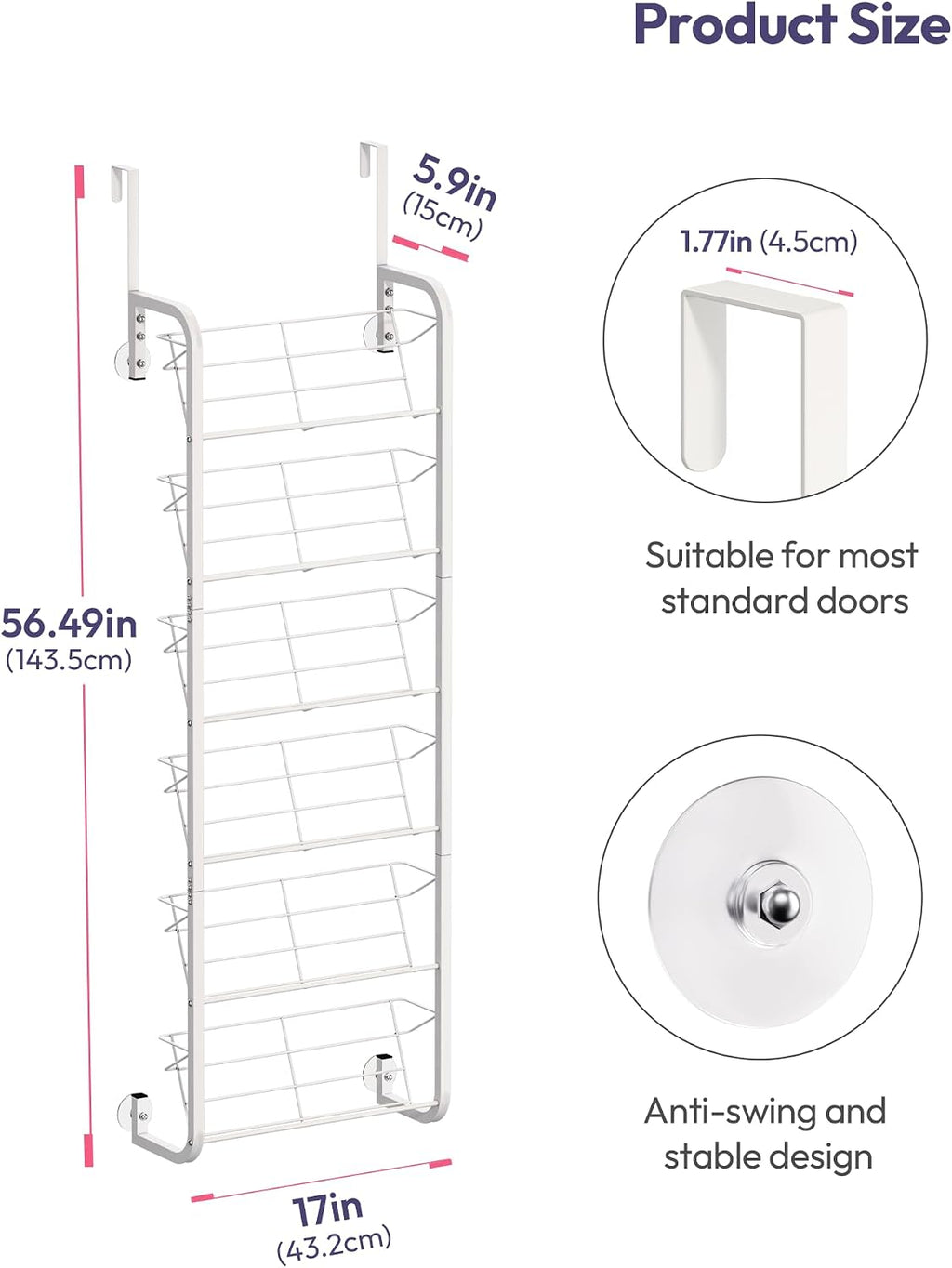 SWTYMIKI Over the Door Shoe Organizer - 6 Tier Wall Mount Shoe Rack for Door Storage- Heavy Duty Metal Hanging Shoes Shelf for Flats, Heels, Sneakers, Boots White