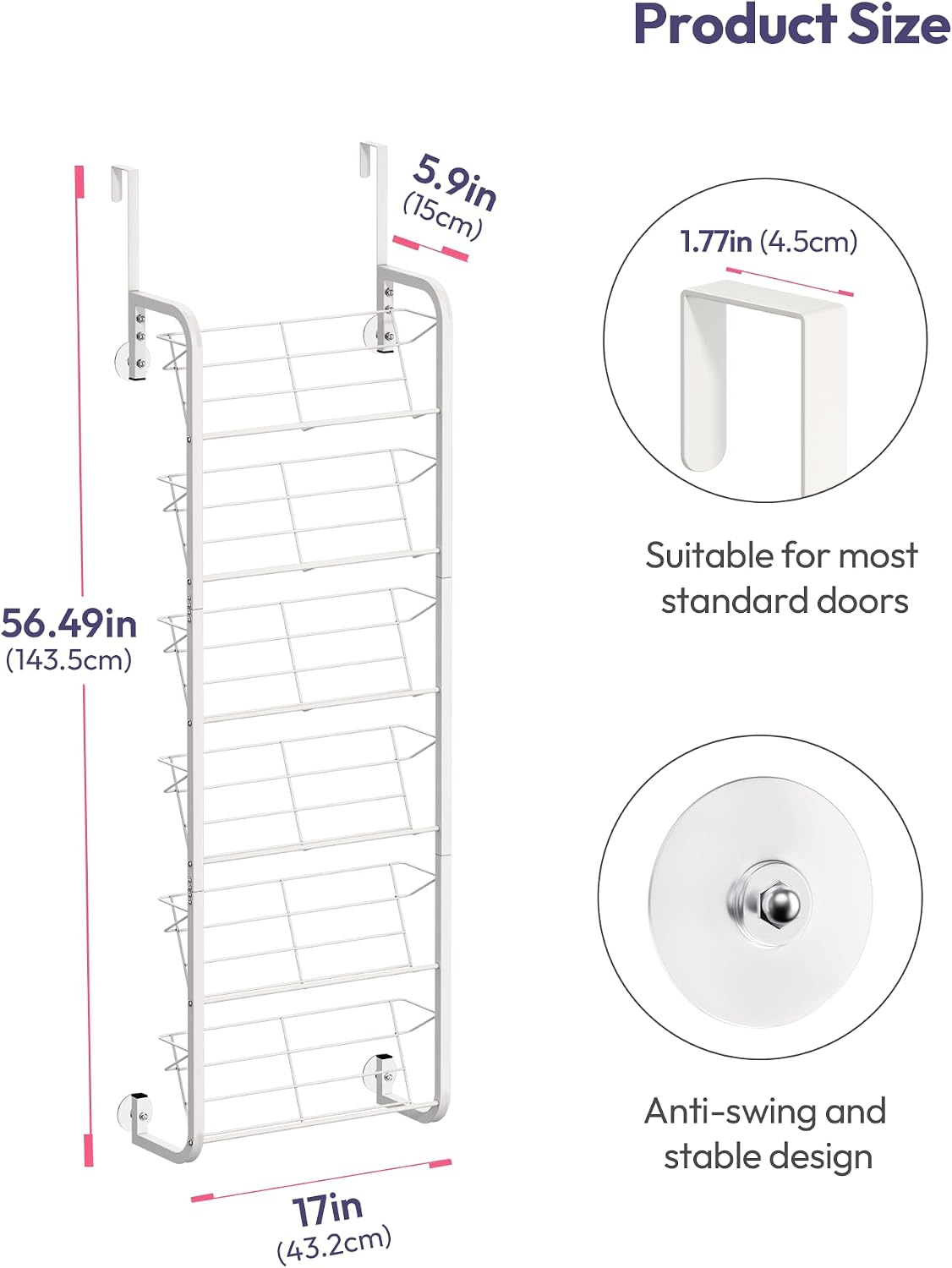 SWTYMIKI Over the Door Shoe Organizer - 6 Tier Wall Mount Shoe Rack for Door Storage- Heavy Duty Metal Hanging Shoes Shelf for Flats, Heels, Sneakers, Boots White