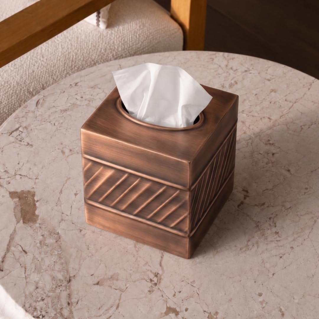 Monarch Abode Tissue Box Cover Square – Handcrafted Wave Embossed Antique Copper Metal Tissue Holder Box for Bathroom Accessory, Aesthetic Decorative Facial Napkin Cube for Modern Home Decor
