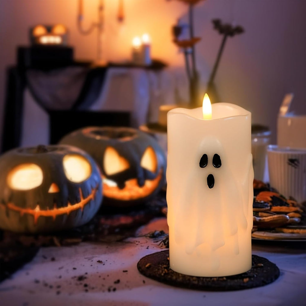 Eldnacele Halloween Ghost Flameless LED Pillar Candles with Remote Timer
