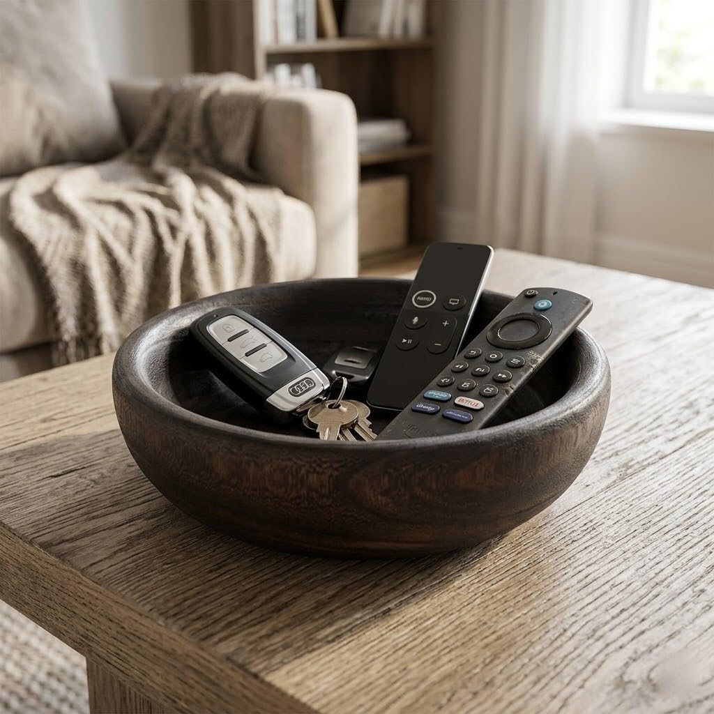 Wooden Decorative Bowl, Approx 12.6 Inch,Hand Crafted Wooden Dough Decor Bowl, Table Centerpiece Decor Bowl, is perfect for sepak takraw ,coin,remote, cosmetics and keys Storage bowl (Large)