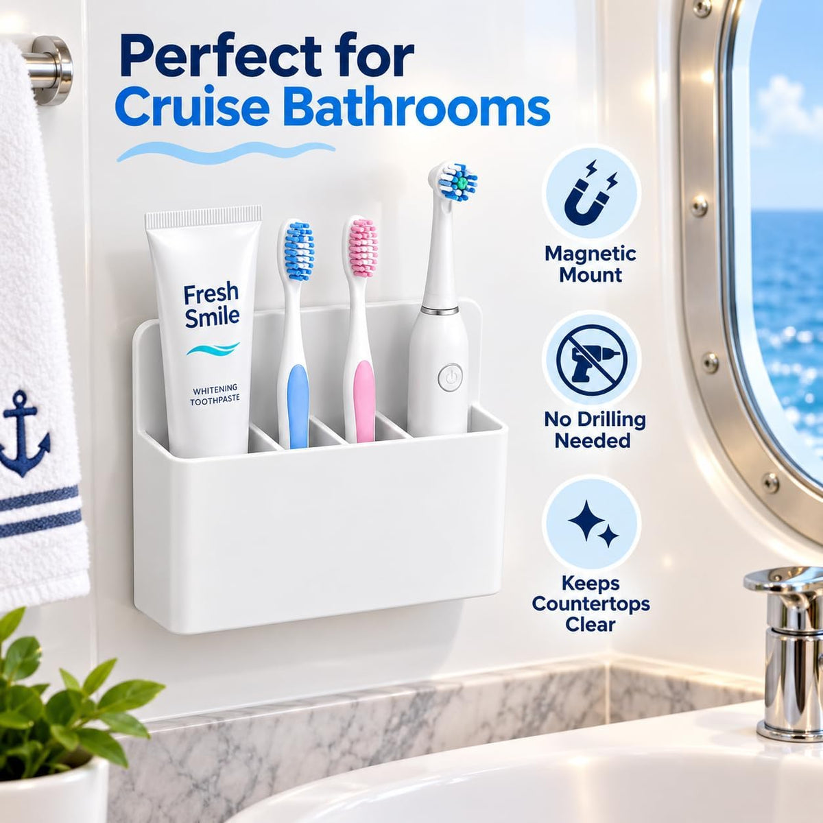 Magnetic Toothbrush & Toothpaste Holder for Cruise Ships, Wall‑Mounted Cruise Bathroom Organizer, Compact Travel Storage, 2025 Cruise Essentials