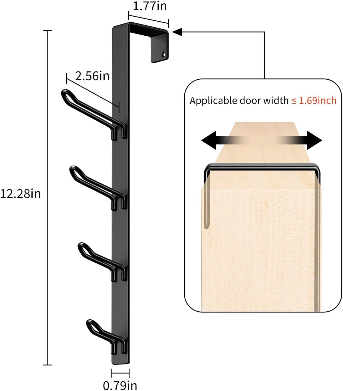 niffgaff 16 Hook Over The Door Hooks, Vertical Over The Door Towel Rack, Over Door Hook, Over The Door Hanger, for Towel and Clothes Hangers, Black, 4 Pack,12.28'',for 1.7'' Door