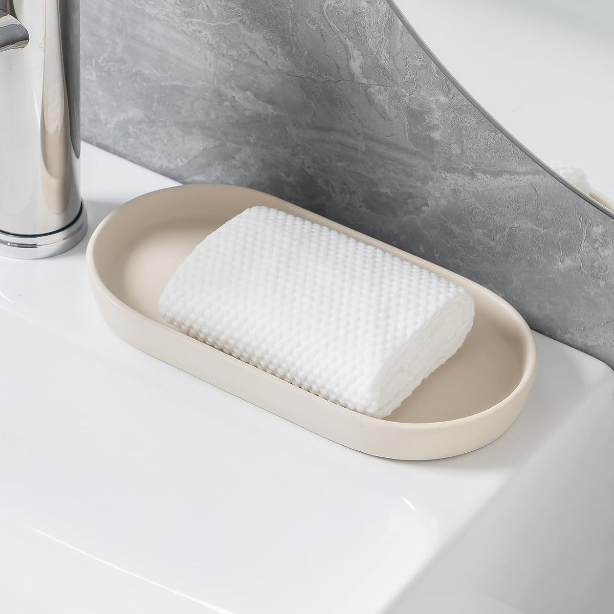 2 Pack Matte Beige Round Soap Dispenser Tray - 8'' Ceramic Vanity Tray & Organizer Plate Set, Bathroom & Kitchen Countertop Decor for Soap Dispenser, Jewelry, Cosmetics, Sink