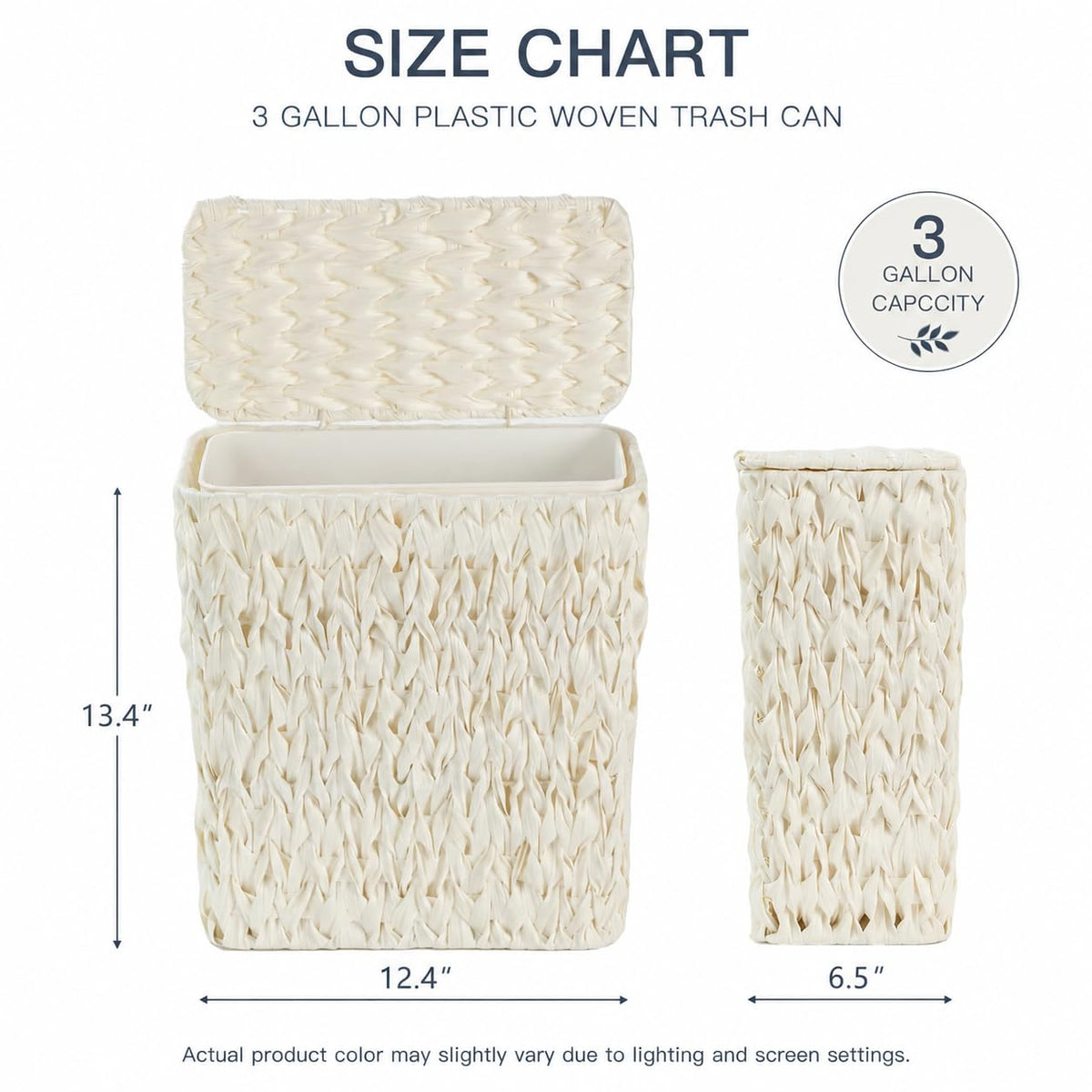 Wicker Trash Can with Lid & Liner, Small Bathroom Waste Basket, Cream White