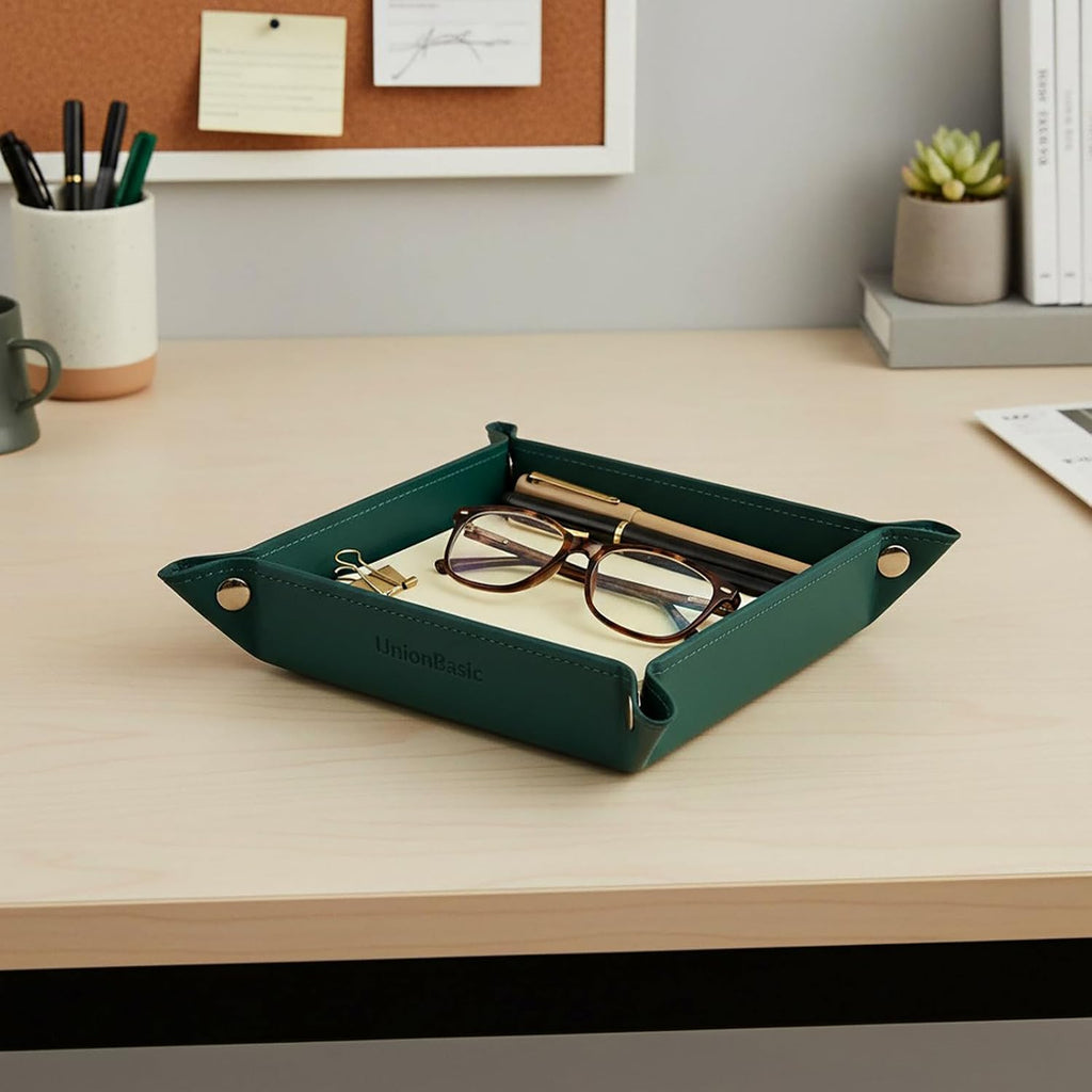 UnionBasic Valet Tray, Jewelry Tray for Rings Watches Earrings, Entryway Catchall Caddy for Coins Keys Change, Nightstand Organizer Bedside Valet Holder, Trays for Electronic Gadgets, Vintage Green