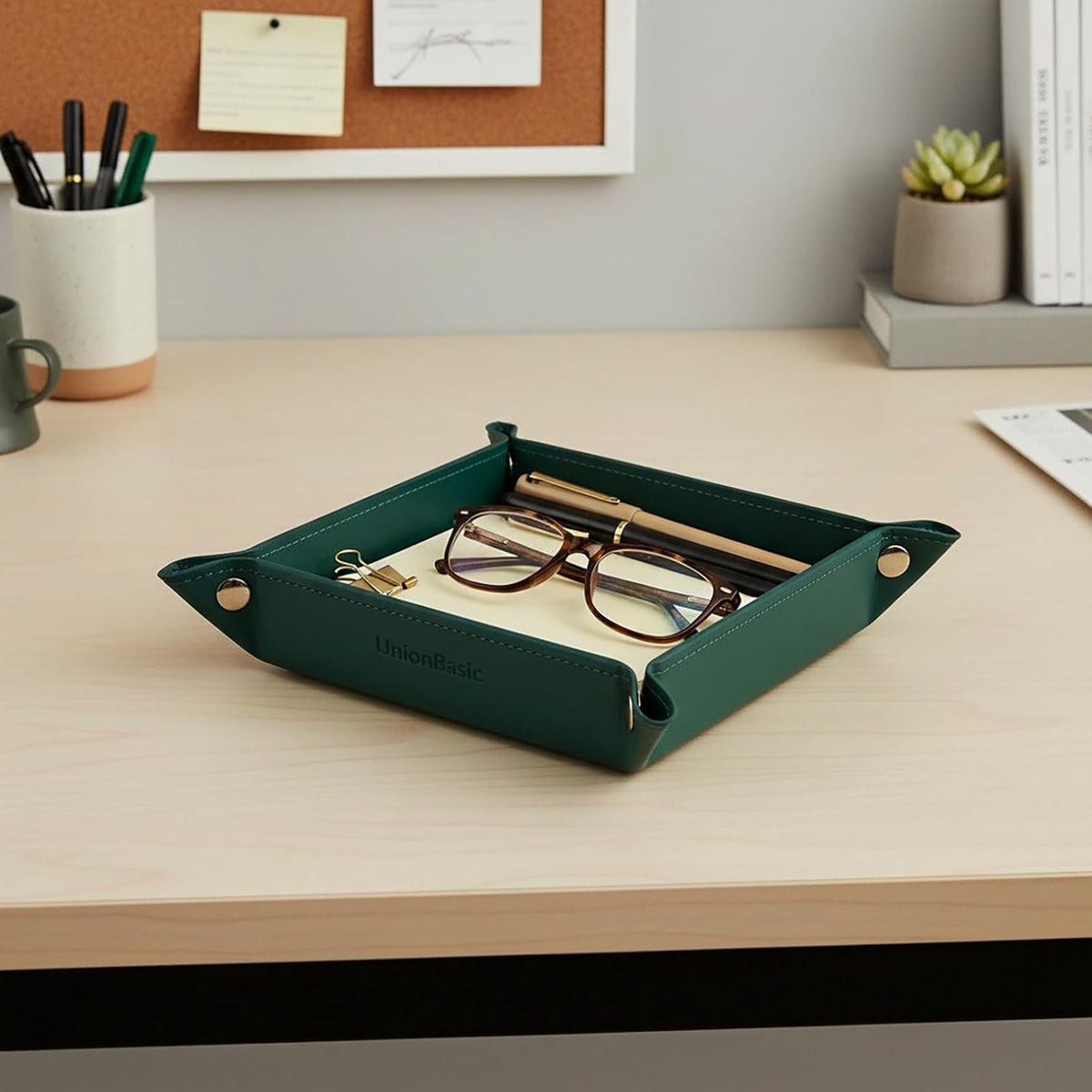 UnionBasic Valet Tray, Jewelry Tray for Rings Watches Earrings, Entryway Catchall Caddy for Coins Keys Change, Nightstand Organizer Bedside Valet Holder, Trays for Electronic Gadgets, Vintage Green