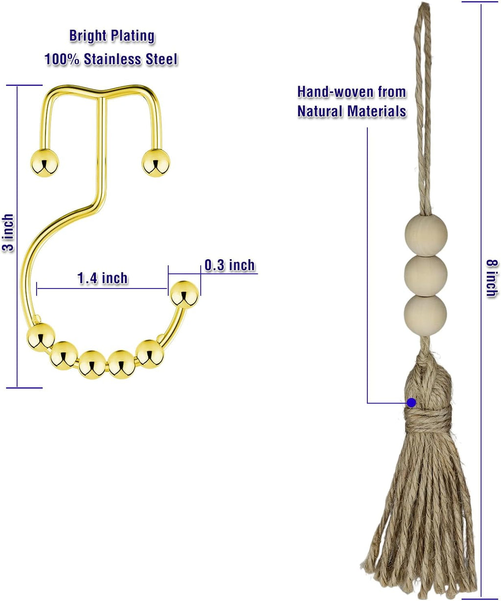 Boho Shower Curtain Hooks Rings for Bathroom Decor, 12PCS Nautical Decorative Gold Stainless Steel Rust Resistant Balance Sliding Double Curtains Hooks（Gold with Tassels）