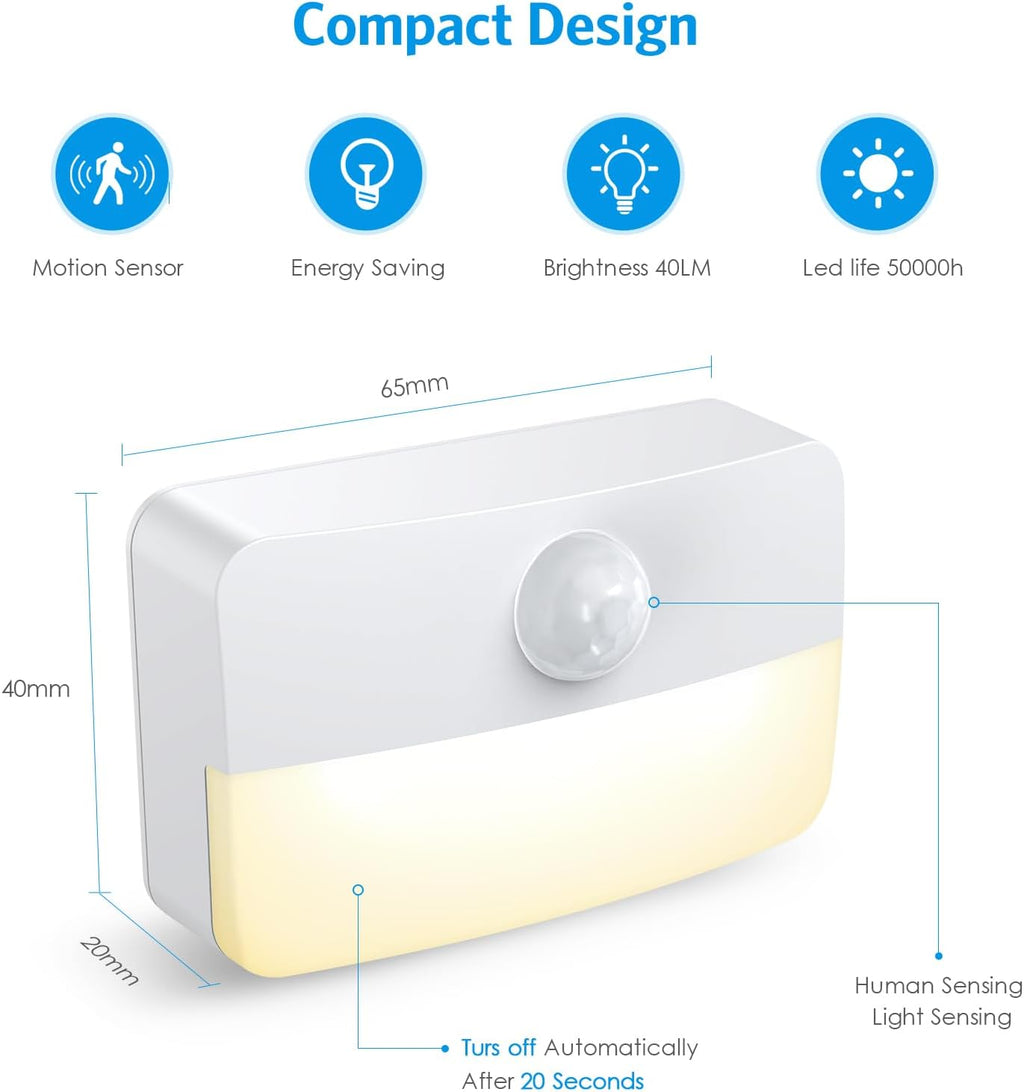 AMIR 2 Pack Mini Motion Sensor Stair Light for Indoor, Battery-Powered LED Night Light, 40 Lumen 3000K, Cordless Closet Lights, Safe Lights for Stairs, Hallway, Bathroom, Kitchen, Cabinet