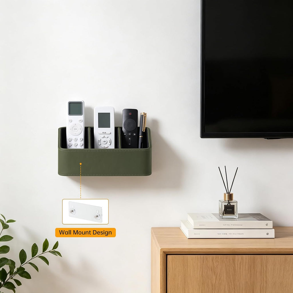 Hole-Free Wall-Mounted PU Leather Remote Control Holder, 3-Compartment Desktop Organizer, Perfect for Living Room, Bedroom, TV Side, Bathroom and More (Green)