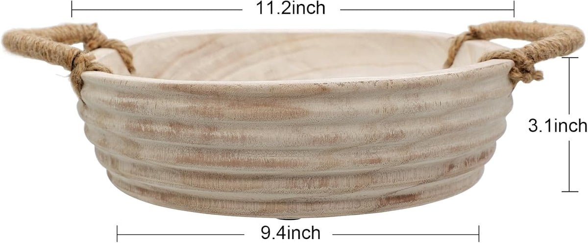 Wooden Decorative Bowls, 11.2 Inch Premium Round Serving Bowl with Rope Handles for Home Decor, Round Paulownia Wood Centerpiece Bowl for Coffee Table(Natural)