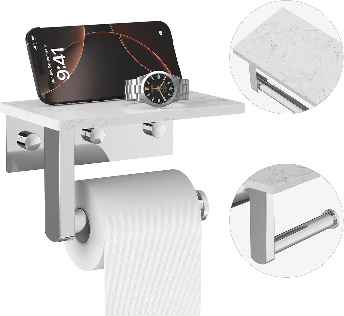 Chrome Toilet Paper Holder with Marble Shelf Tissue Roll Holder