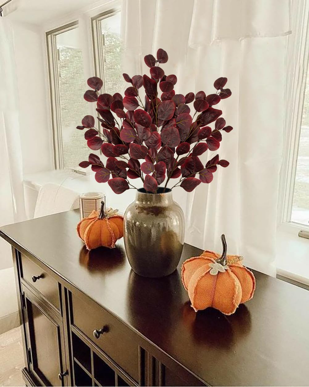 Hollyone 3Pcs Fall Eucalyptus Stems Artificial Eucalyptus Leaves Branches Fake Fall Flower Arrangements Red Leaf Long Stems Plants Autumn Faux Shrubs Bushes Thanksgiving Festival Decorations Burgundy