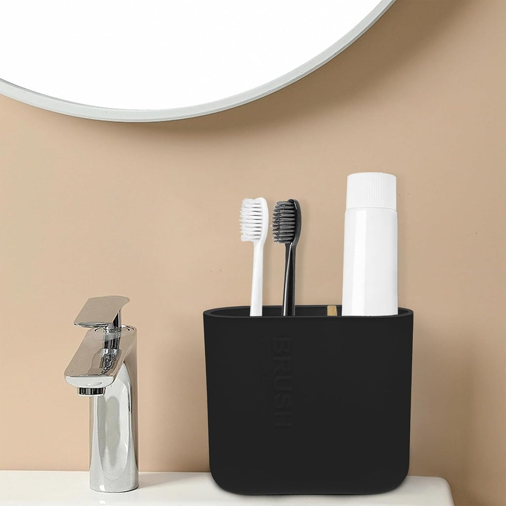 Toothbrush Holder with Bamboo Divider,Detachable for Easy Cleaning Multi-Functional Storage,2 Slots Electric Toothbrush and Toothpaste Organizer Caddy for Bathroom Vanity,Sink,Countertop (Black)