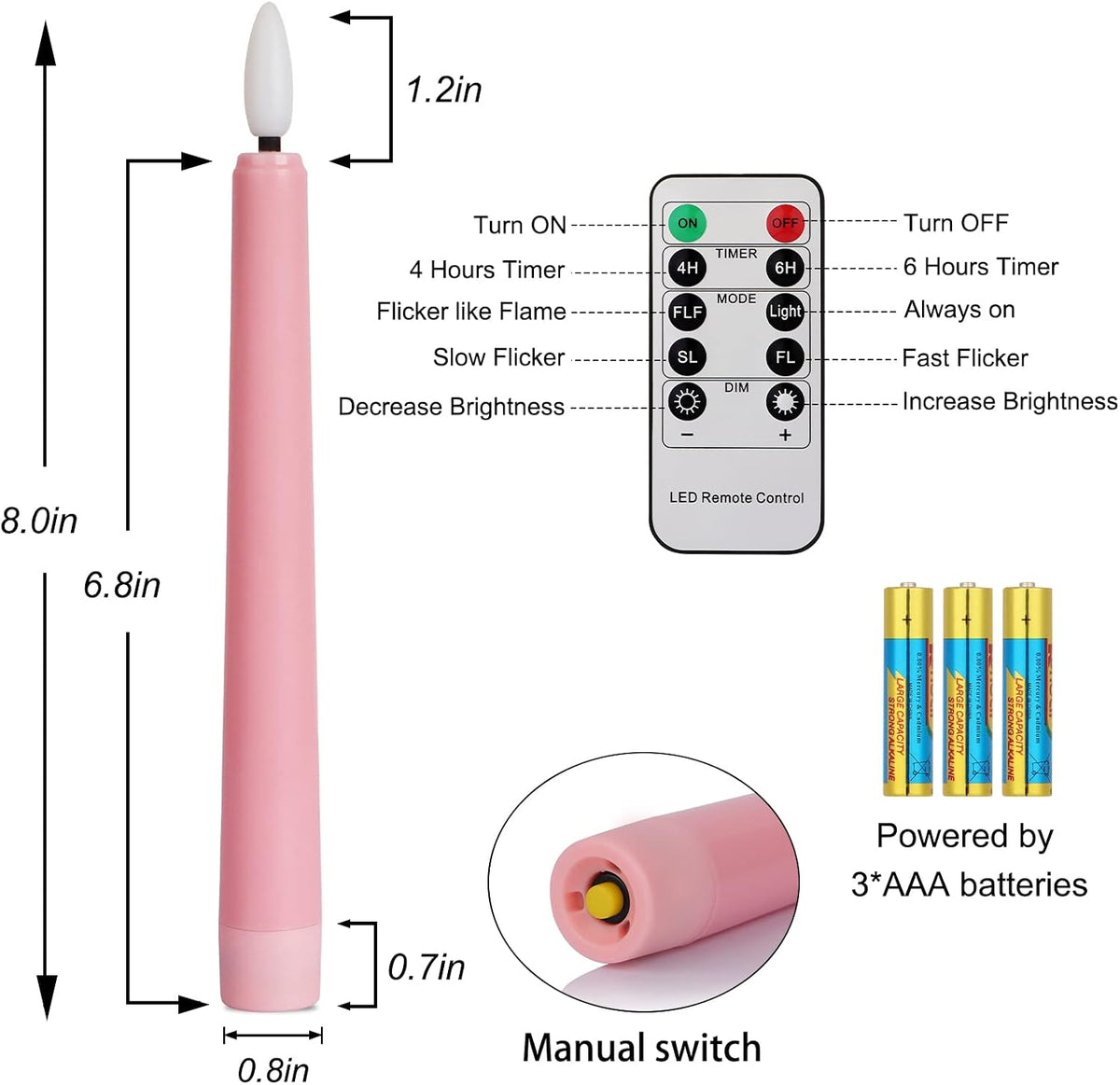 Daord 7.9" Advent Taper Candles Set of 4 Christmas LED Flameless Long Candle 3 Purple and 1 Pink for Advent Rituals Festival and Special Occasions Church Decor(3Purple+1Pink(A))
