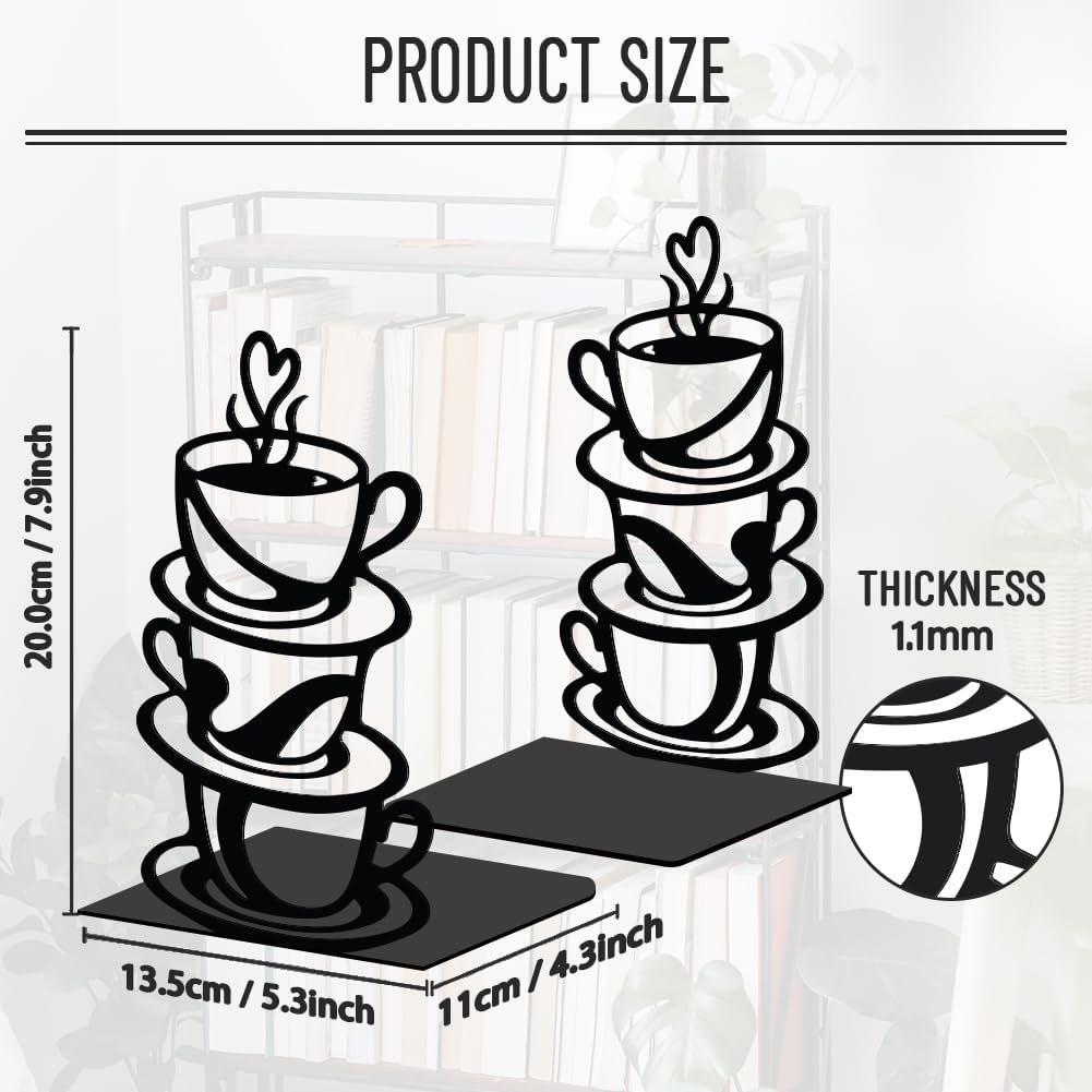 WADORN 1 Pair Coffee Cup & Saucer Metal Decorative Bookend for Shelves, Heavy Duty Book Ends Modern Non-Skid Books Holder Stand Black Book Support Stoppers for Office Desk Bookshelf, 5.3x4.3x7.8 Inch