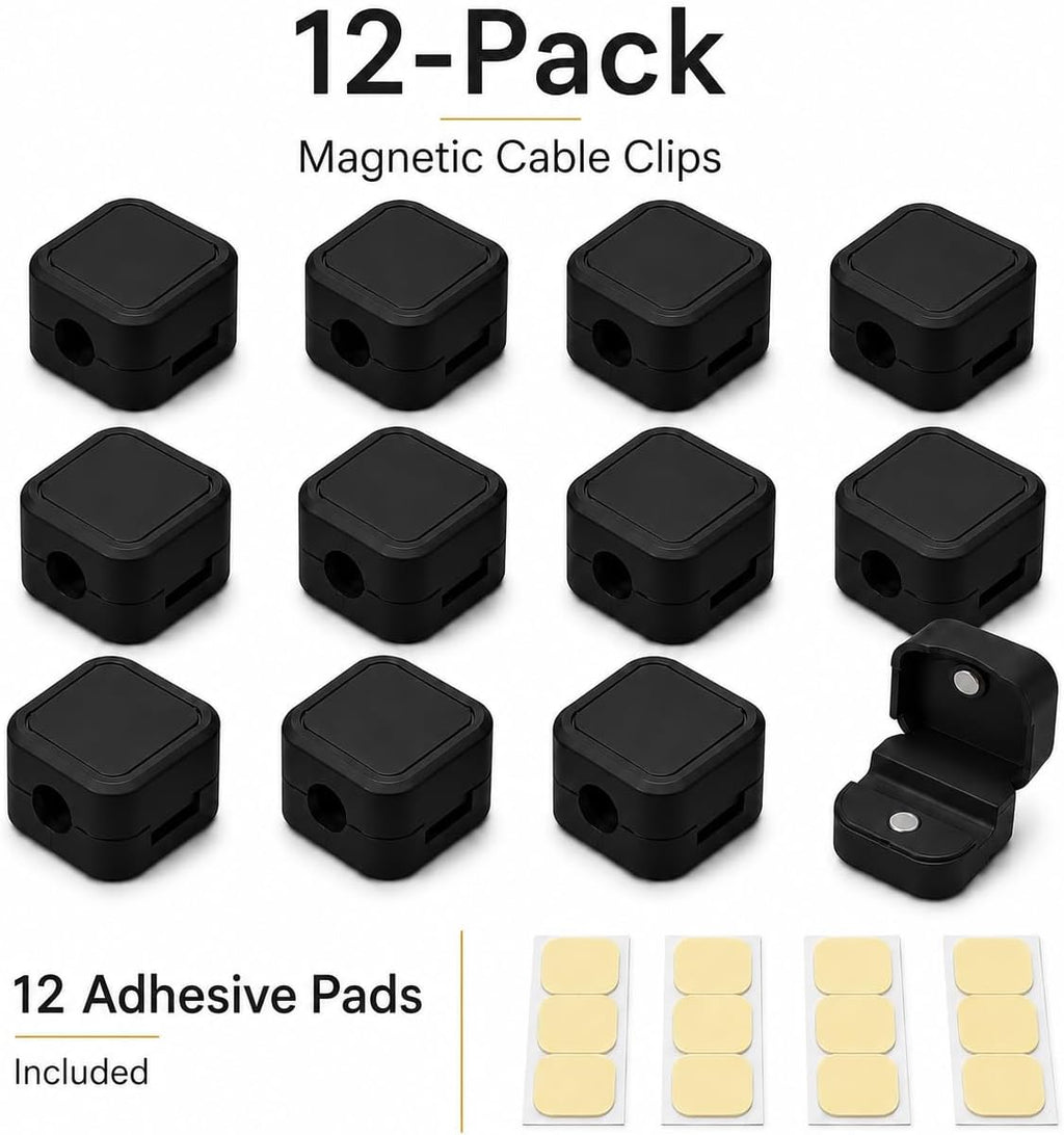 Magnetic Cable Clips - 12 Pack Self-Adhesive Cord Organizer Holders for Desk, Nightstand, Office & Car, Cable Management for Charging Cords, USB Cables & Headphones, Black
