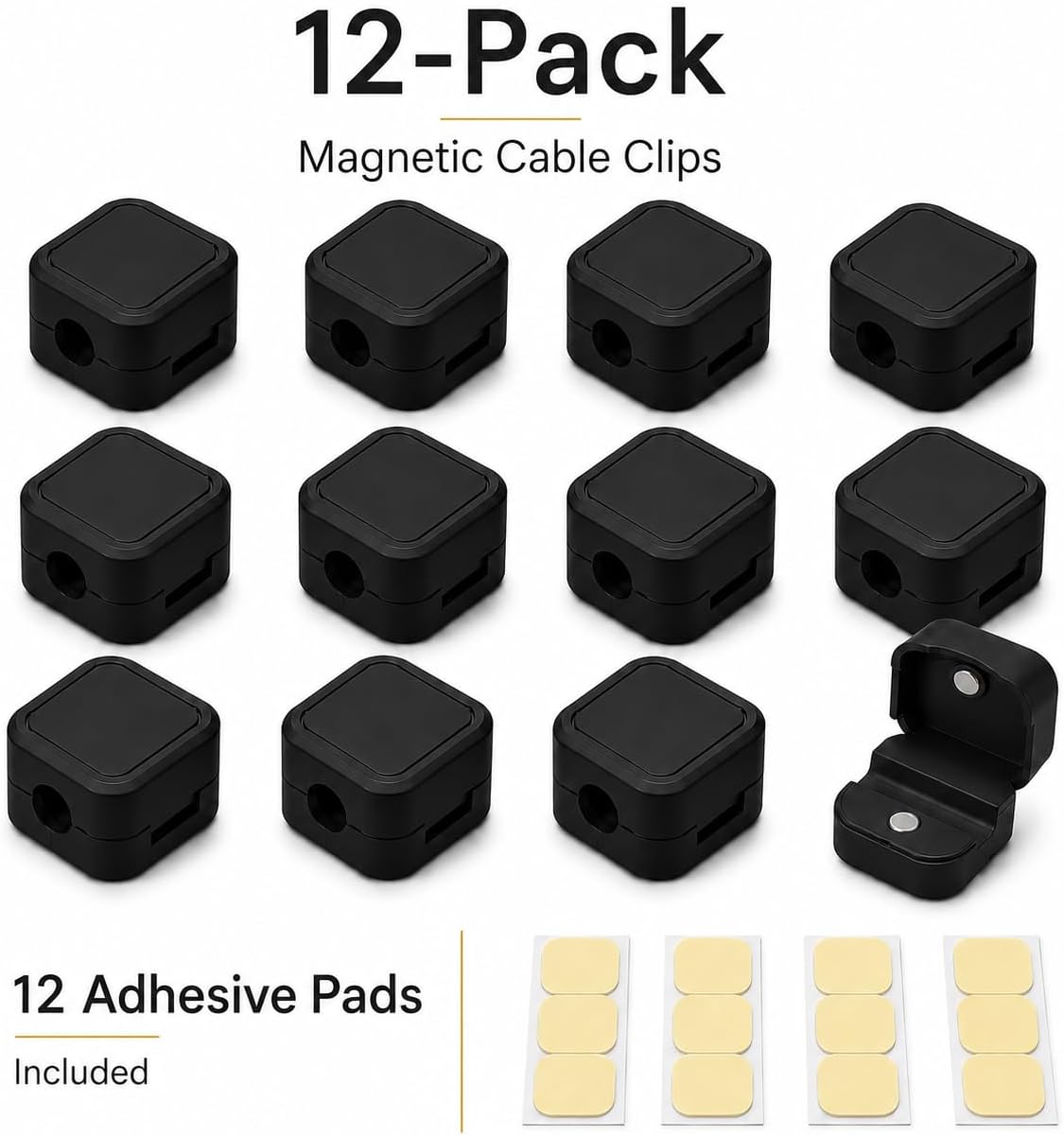 Magnetic Cable Clips - 12 Pack Self-Adhesive Cord Organizer Holders for Desk, Nightstand, Office & Car, Cable Management for Charging Cords, USB Cables & Headphones, Black